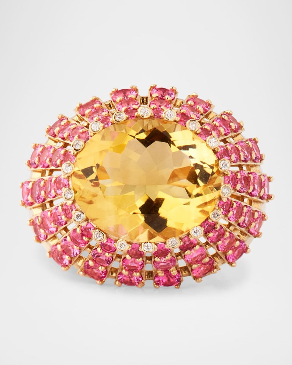 14K Yellow Gold Pink Spinel Raised Citrine Statement Ring with Diamonds